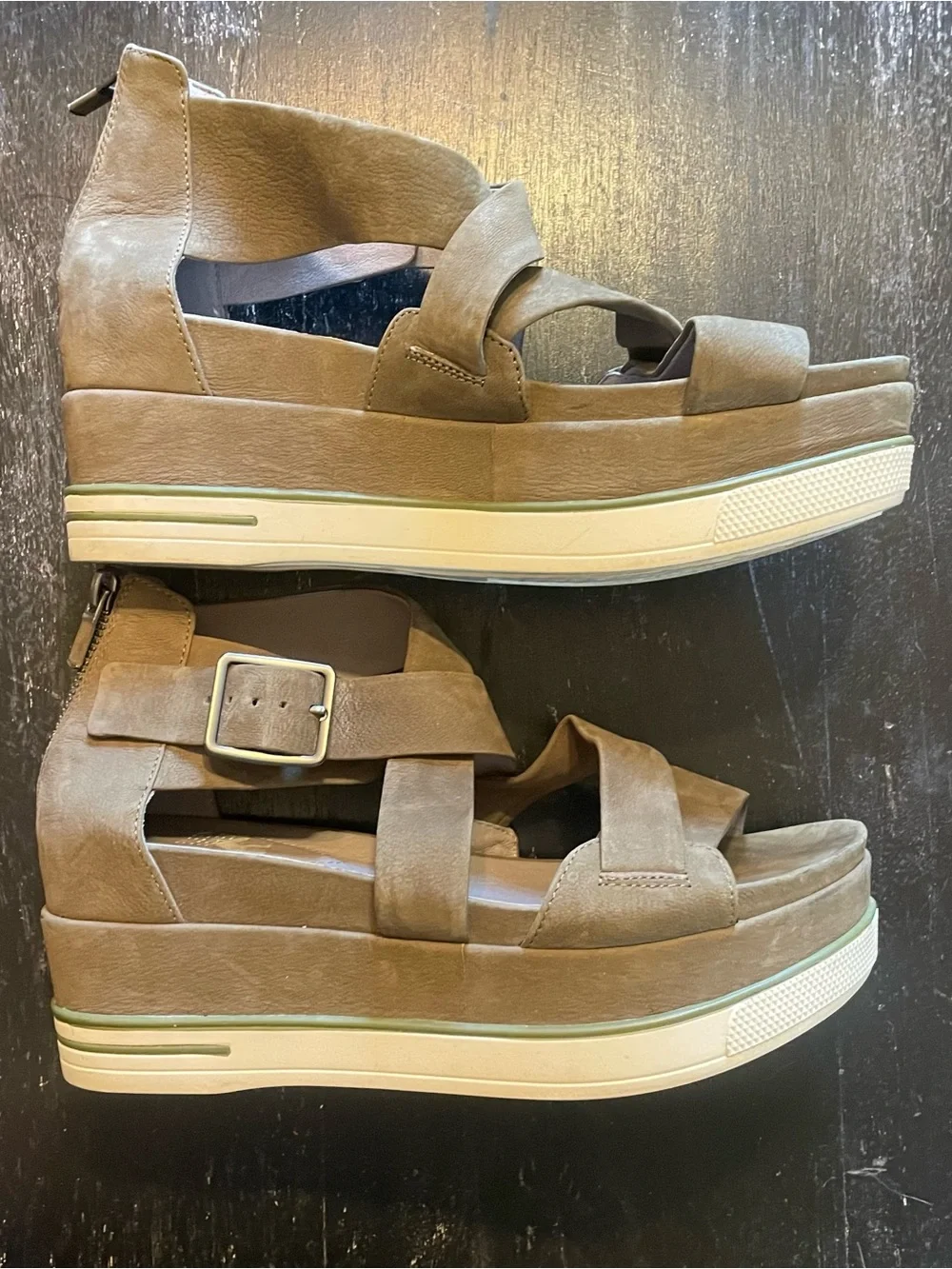 Eileen Fisher Olive-Tan Suede Crisscross Ankle Strap Sandals
